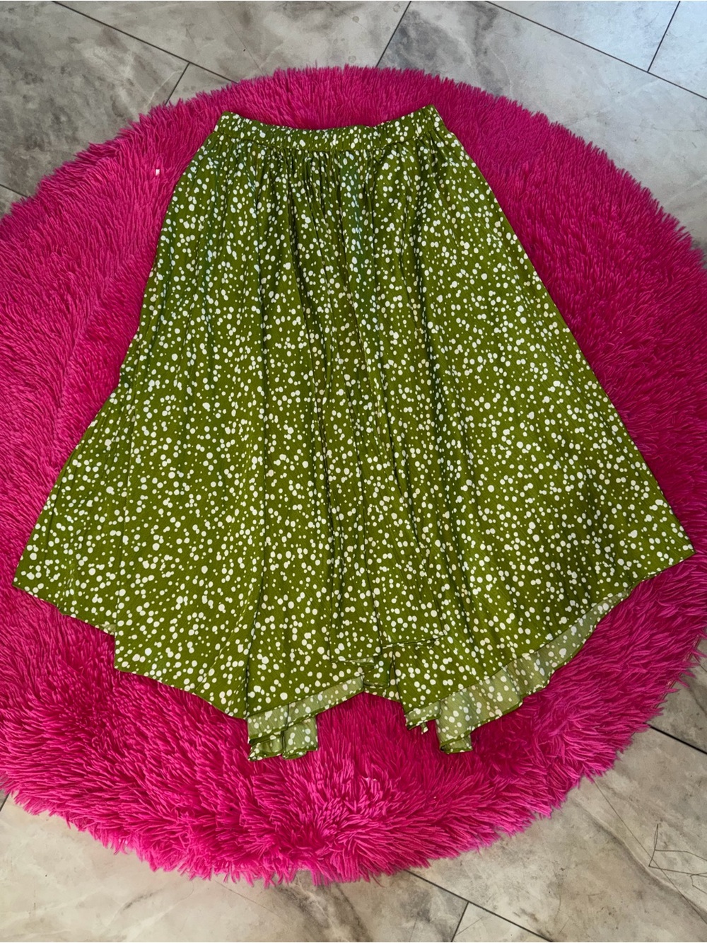 Anthropologie Olive Green & White High-Low Dot Midi Skirt